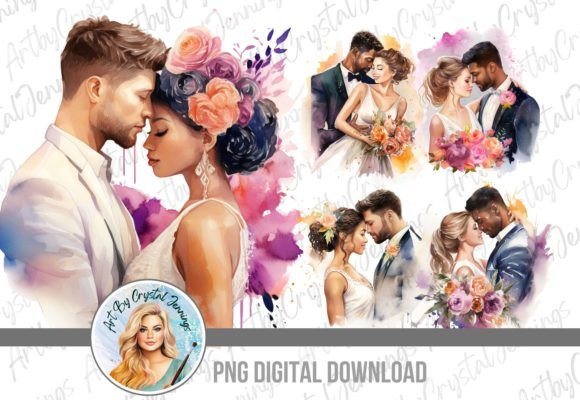 Celebrate Love with Floral Interracial Wedding Couple PNG