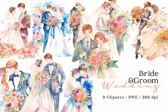 Designing with Heart: The Bride and Groom Wedding Watercolor PNG Collection