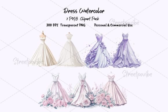 Elegant Bridal Art: Wedding Dress Watercolor Clipart PNG