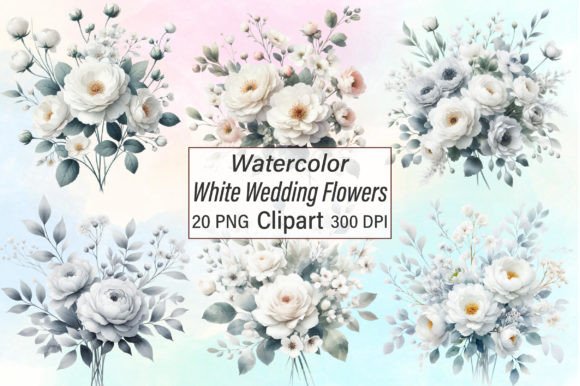 Elegant Watercolor White Wedding Flowers Clipart for Your Projects