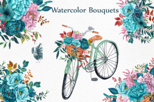 Watercolor Bouquets & Bicycle Clipart: Romantic Teal Design